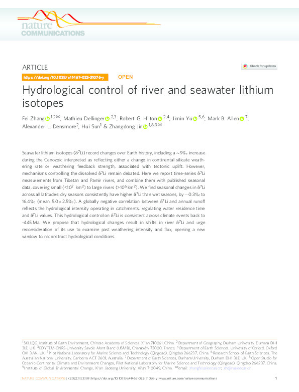 Hydrological control of river and seawater lithium isotopes Thumbnail