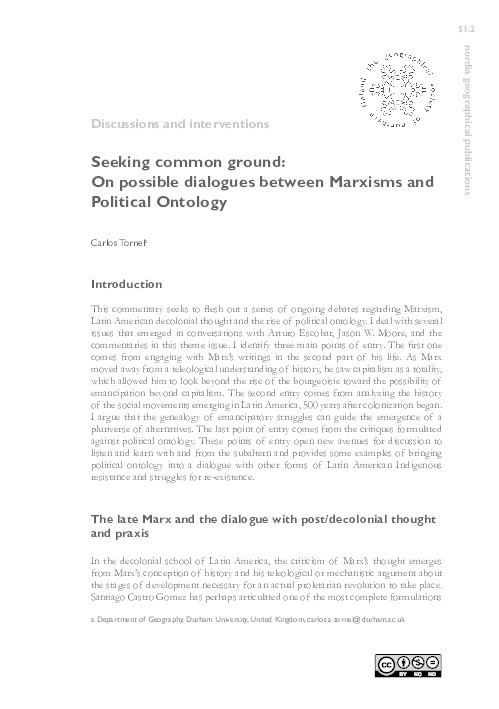 Seeking common ground: On possible dialogues between Marxisms and Political Ontology Thumbnail
