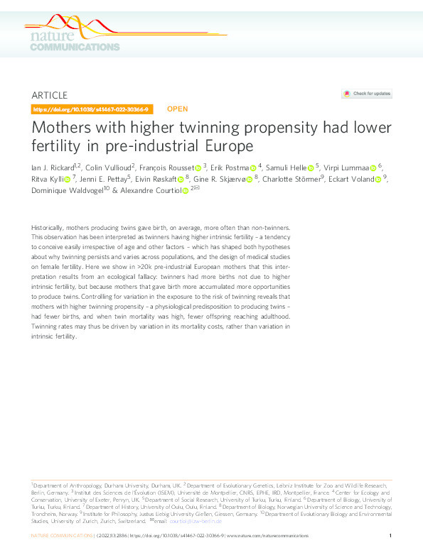 Mothers with higher twinning propensity had lower fertility in pre-industrial Europe Thumbnail