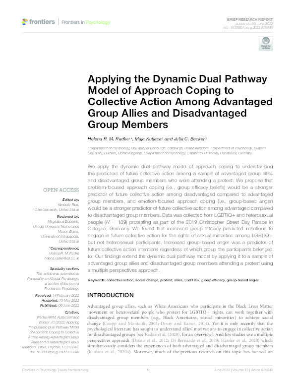 Applying the Dynamic Dual Pathway Model of Approach Coping to Collective Action Among Advantaged Group Allies and Disadvantaged Group Members Thumbnail