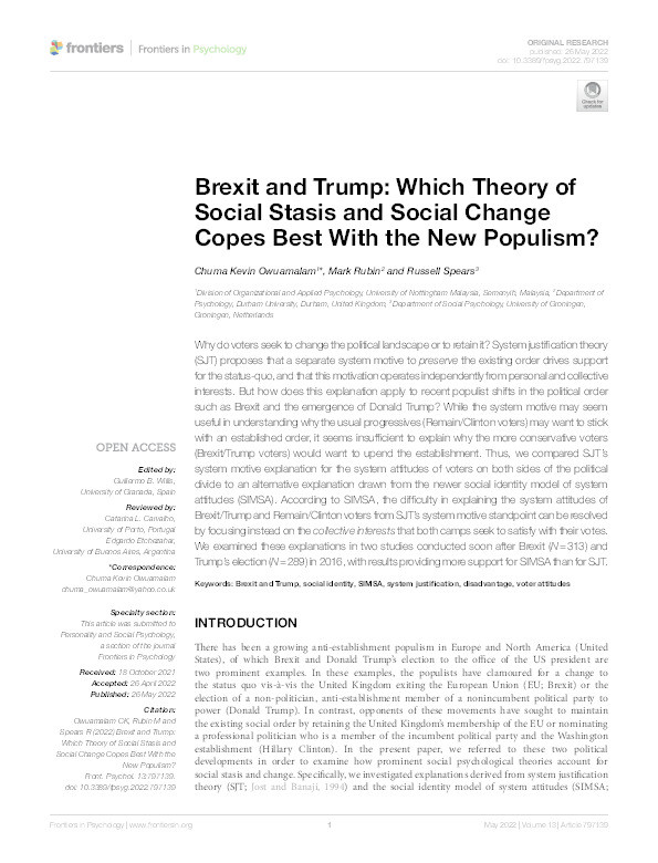 Brexit and Trump: Which Theory of Social Stasis and Social Change Copes Best With the New Populism? Thumbnail