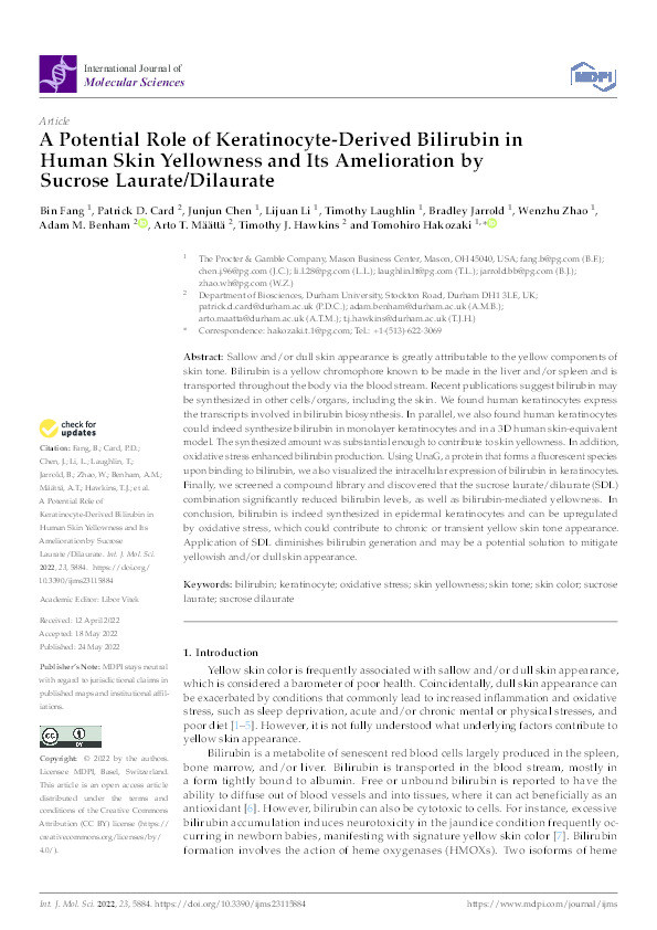 A Potential Role of Keratinocyte-Derived Bilirubin in Human Skin Yellowness and Its Amelioration by Sucrose Laurate/Dilaurate Thumbnail