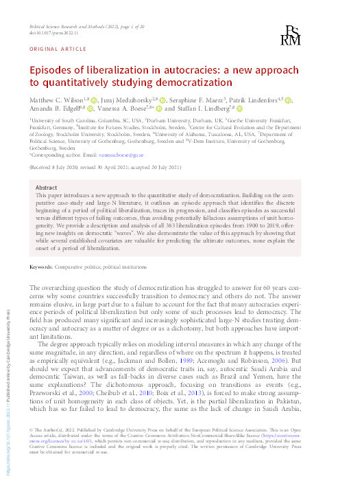 Episodes of liberalization in autocracies: a new approach to quantitatively studying democratization Thumbnail