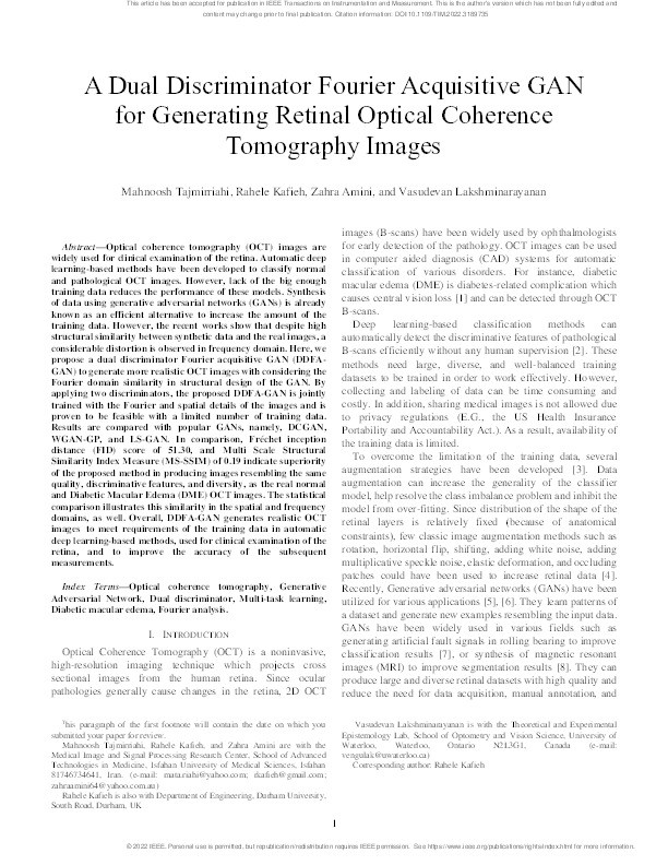 A Dual Discriminator Fourier Acquisitive GAN for Generating Retinal Optical Coherence Tomography Images Thumbnail