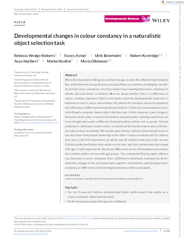 Developmental changes in colour constancy in a naturalistic object selection task Thumbnail