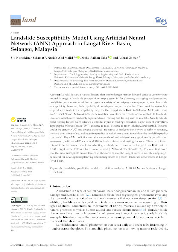 Landslide Susceptibility Model Using Artificial Neural Network (ANN) Approach in Langat River Basin, Selangor, Malaysia Thumbnail