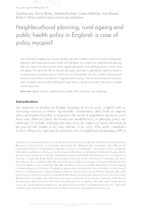 Neighbourhood planning, rural ageing and public health policy in England: a case of policy myopia? Thumbnail