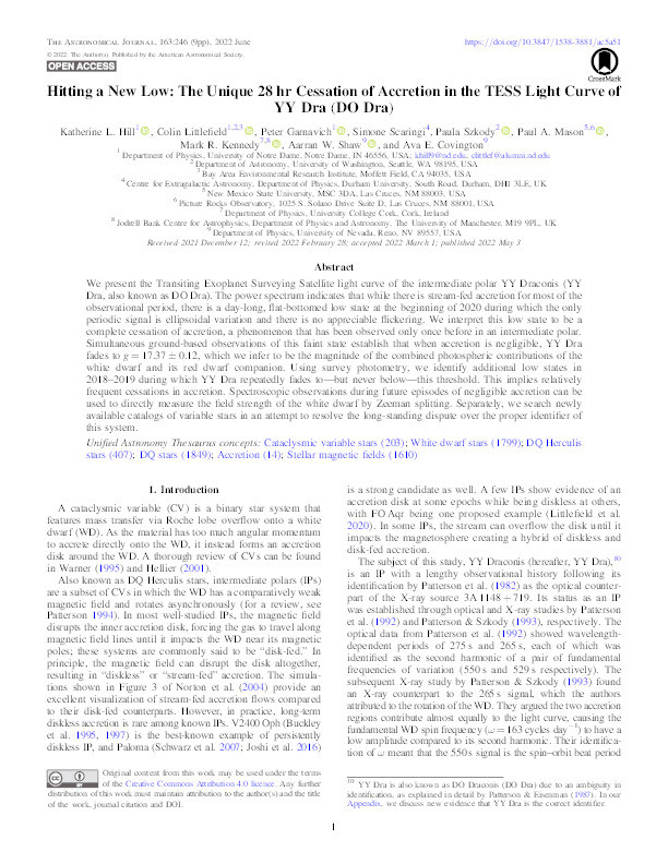 Hitting a New Low: The Unique 28 hr Cessation of Accretion in the TESS Light Curve of YY Dra (DO Dra) Thumbnail