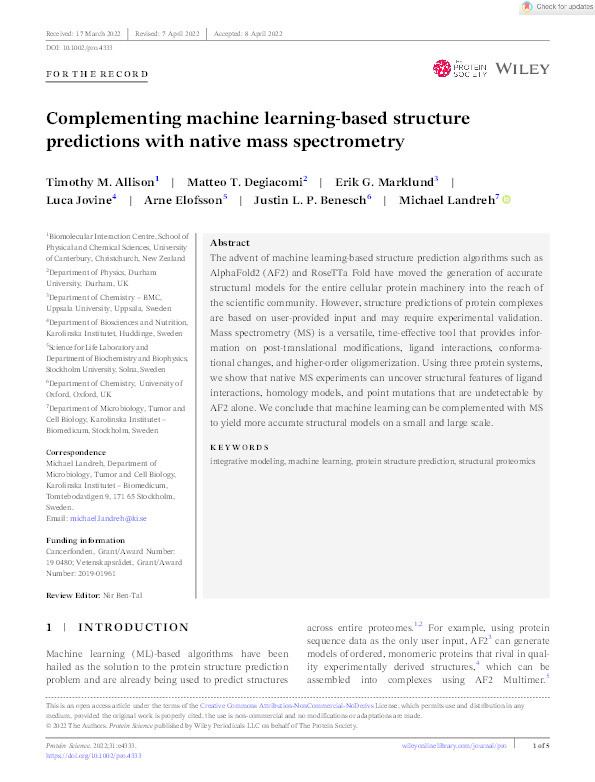 Complementing machine learning‐based structure predictions with native mass spectrometry Thumbnail