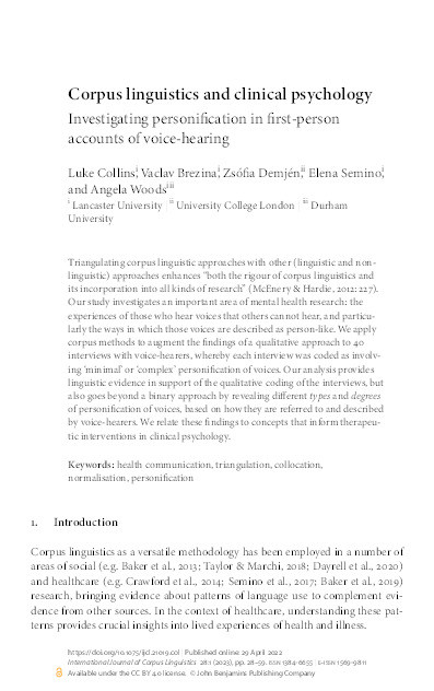 Corpus linguistics and clinical psychology: Investigating personification in first-person accounts of voice-hearing Thumbnail