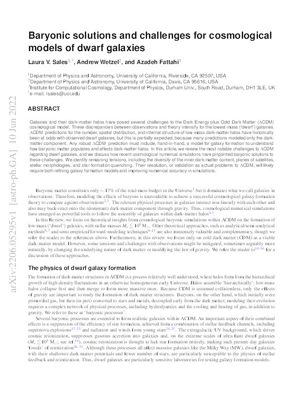 Baryonic solutions and challenges for cosmological models of dwarf galaxies Thumbnail