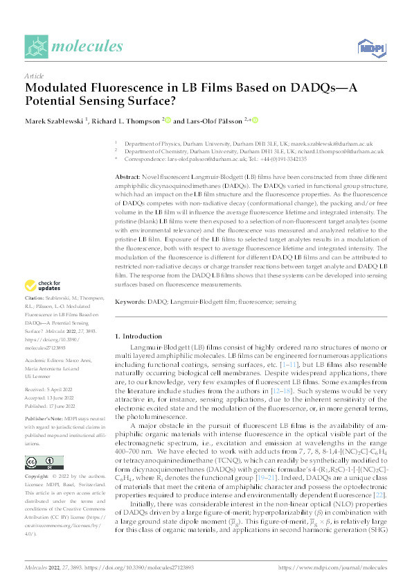 Modulated Fluorescence in LB Films Based on DADQs—A Potential Sensing Surface? Thumbnail