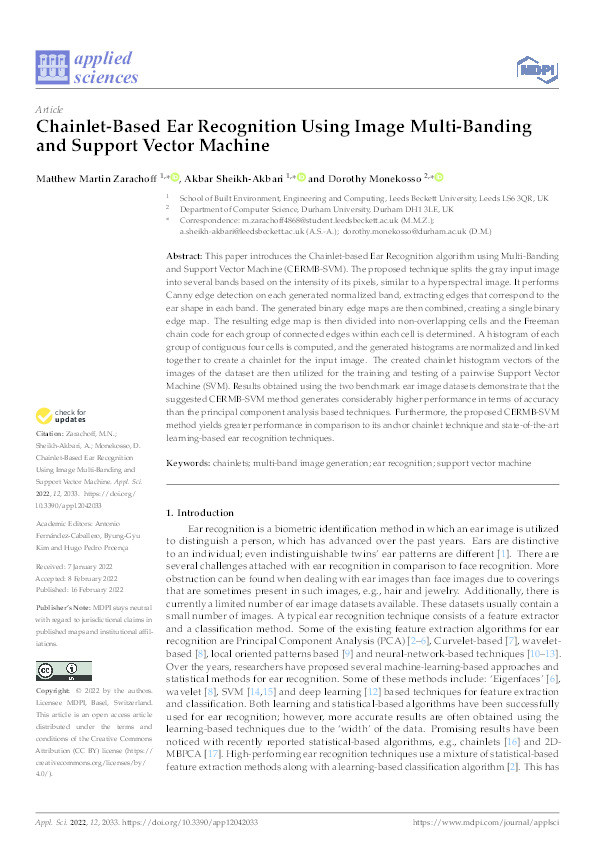 Chainlet-Based Ear Recognition Using Image Multi-Banding and Support Vector Machine Thumbnail