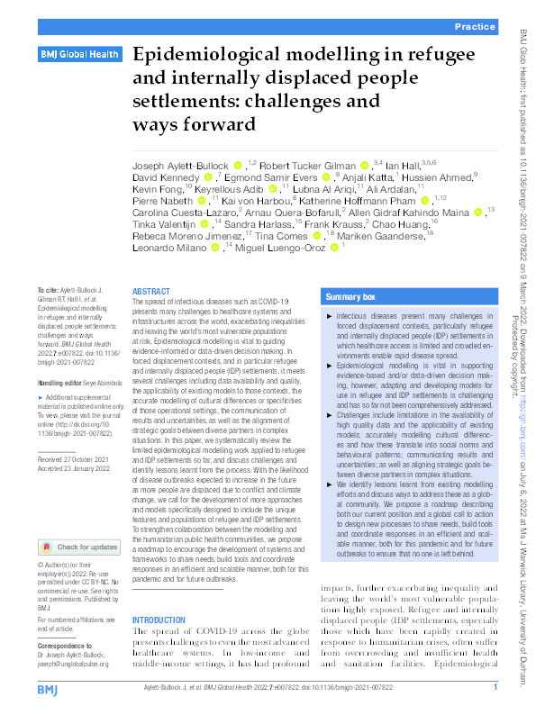 Epidemiological modelling in refugee and internally displaced people settlements: challenges and ways forward Thumbnail