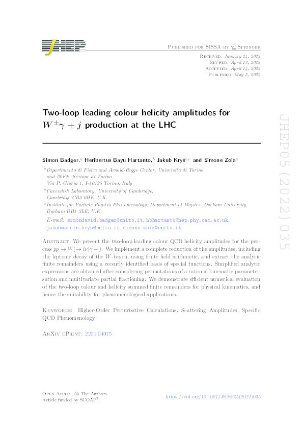 Two-loop leading colour helicity amplitudes for W±γ + j production at the LHC Thumbnail