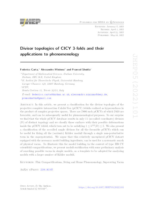 Divisor topologies of CICY 3-folds and their applications to phenomenology Thumbnail
