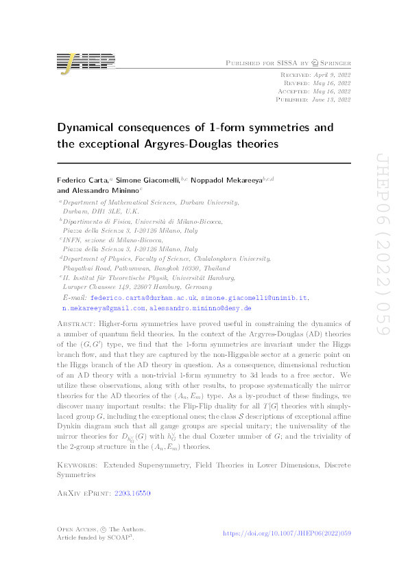 Dynamical consequences of 1-form symmetries and the exceptional Argyres-Douglas theories Thumbnail