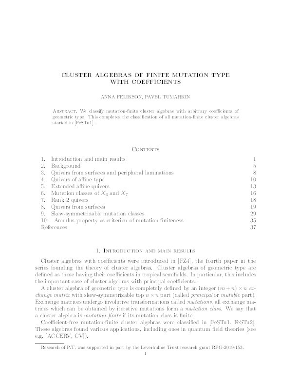 Cluster algebras of finite mutation type with coefficients Thumbnail