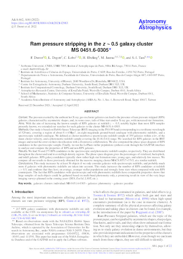 Ram pressure stripping in the z  ∼  0.5 galaxy cluster MS 0451.6-0305 Thumbnail