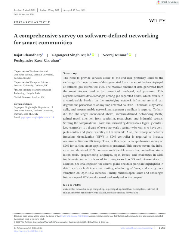 A comprehensive survey on software‐defined networking for smart communities Thumbnail