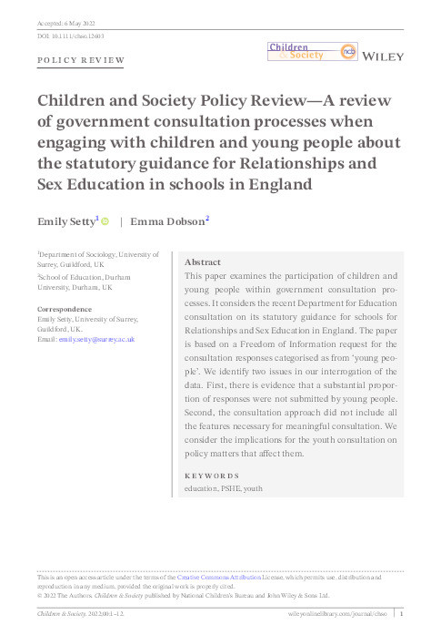 Children and Society Policy Review—A review of government consultation processes when engaging with children and young people about the statutory guidance for Relationships and Sex Education in schools in England Thumbnail