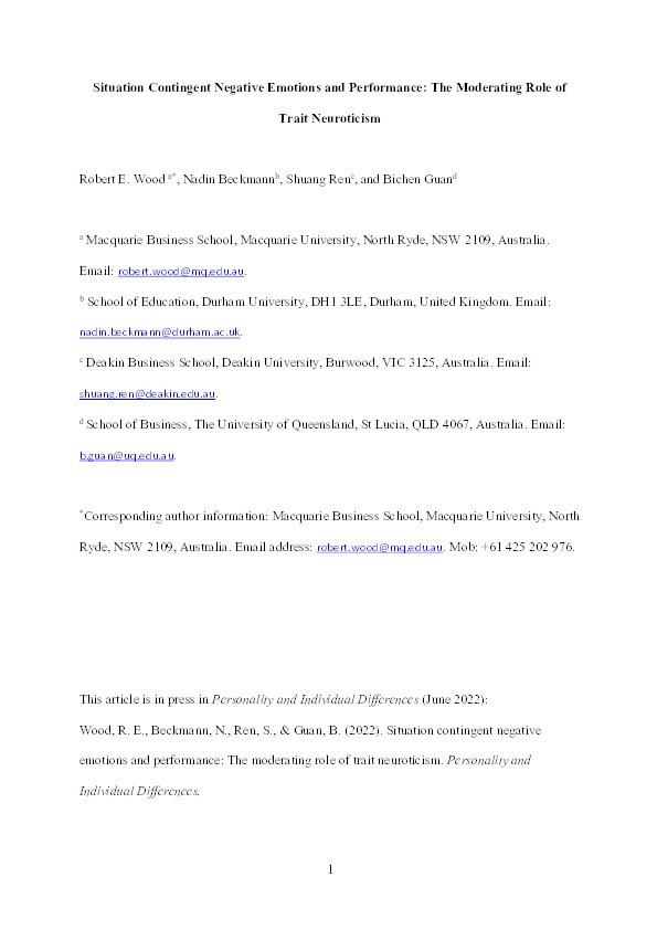 Situation contingent negative emotions and performance: The moderating role of trait neuroticism Thumbnail