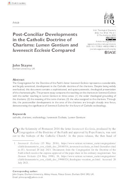 Post-Conciliar Developments in the Catholic Doctrine of Charisms: Lumen Gentium and Iuvenescit Ecclesia Compared Thumbnail