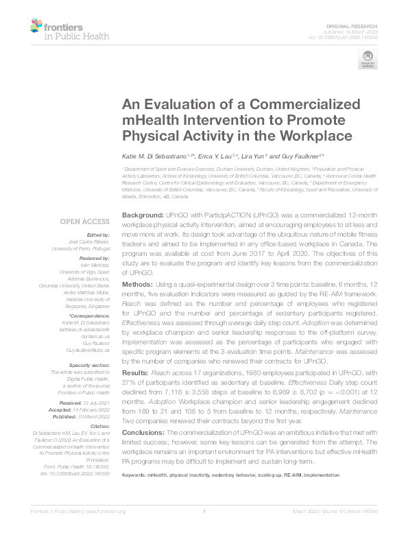 An Evaluation of a Commercialized mHealth Intervention to Promote Physical Activity in the Workplace Thumbnail