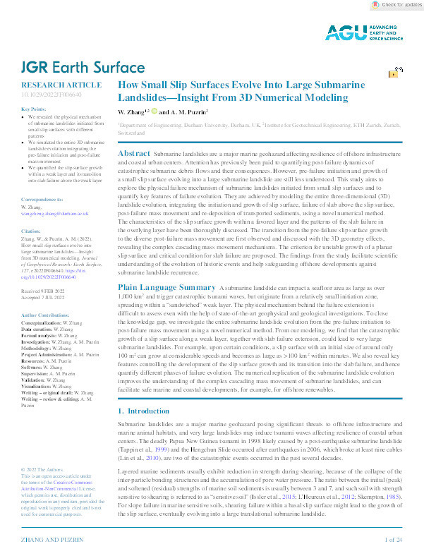 How Small Slip Surfaces Evolve Into Large Submarine Landslides—Insight From 3D Numerical Modeling Thumbnail