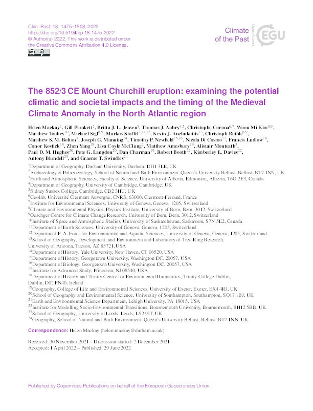 The 853 CE Mount Churchill eruption: examining the potential climatic and societal impacts and the timing of the Medieval Climate Anomaly in the North Atlantic Region Thumbnail