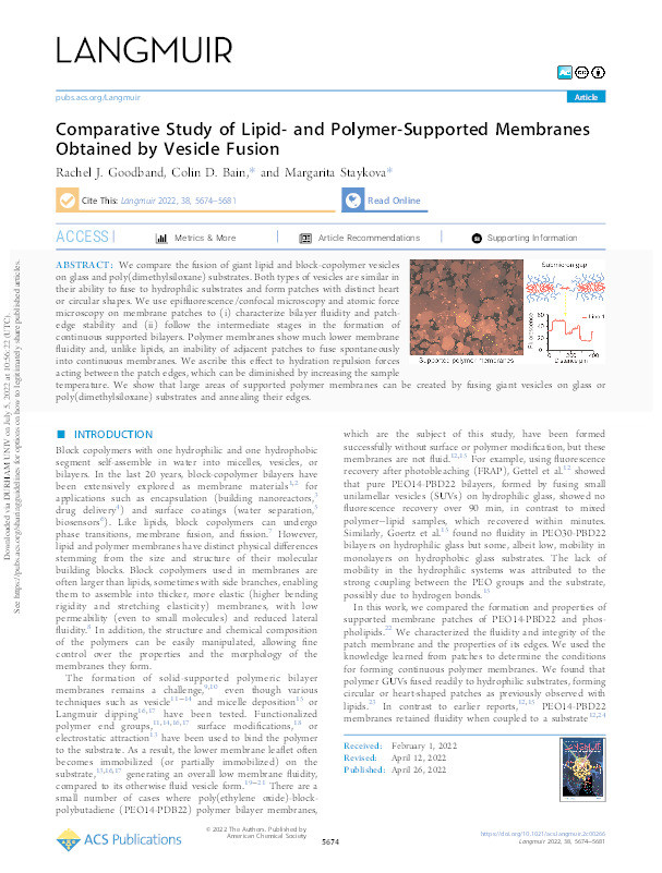 Comparative Study of Lipid- and Polymer-Supported Membranes Obtained by Vesicle Fusion Thumbnail