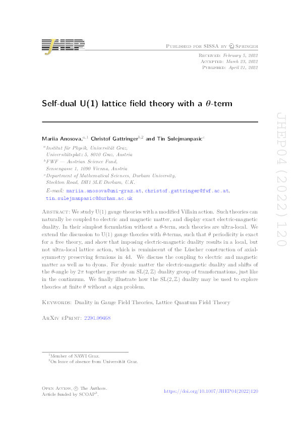 Self-dual U(1) lattice field theory with a θ-term Thumbnail