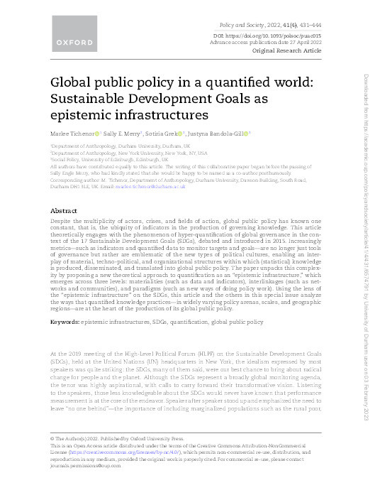 Global public policy in a quantified world: Sustainable Development Goals as epistemic infrastructures Thumbnail