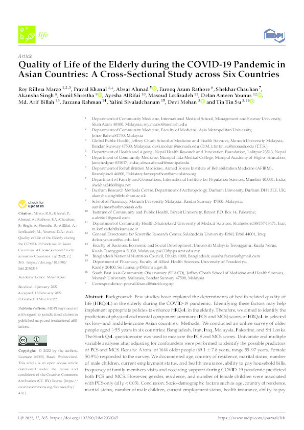 Quality of Life of the Elderly during the COVID-19 Pandemic in Asian Countries: A Cross-Sectional Study across Six Countries Thumbnail