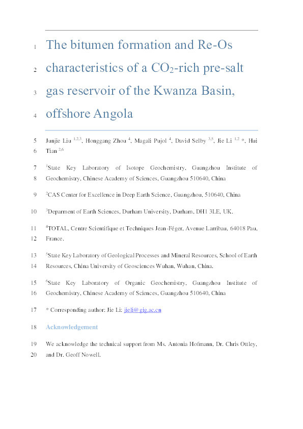 The bitumen formation and Re-Os characteristics of a CO2-rich pre-salt gas reservoir of the Kwanza Basin, offshore Angola Thumbnail