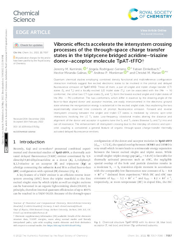 Vibronic effects accelerate the intersystem crossing processes of the through-space charge transfer states in the triptycene bridged acridine–triazine donor–acceptor molecule TpAT-tFFO Thumbnail