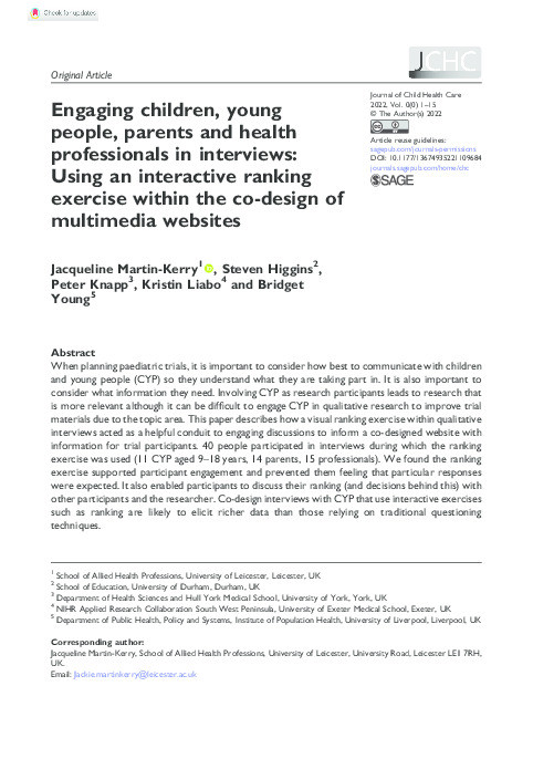 Engaging children, young people, parents and health professionals in interviews: Using an interactive ranking exercise within the co-design of multimedia websites Thumbnail