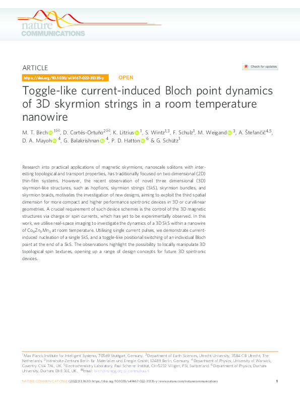 Toggle-like current-induced Bloch point dynamics of 3D skyrmion strings in a room temperature nanowire Thumbnail
