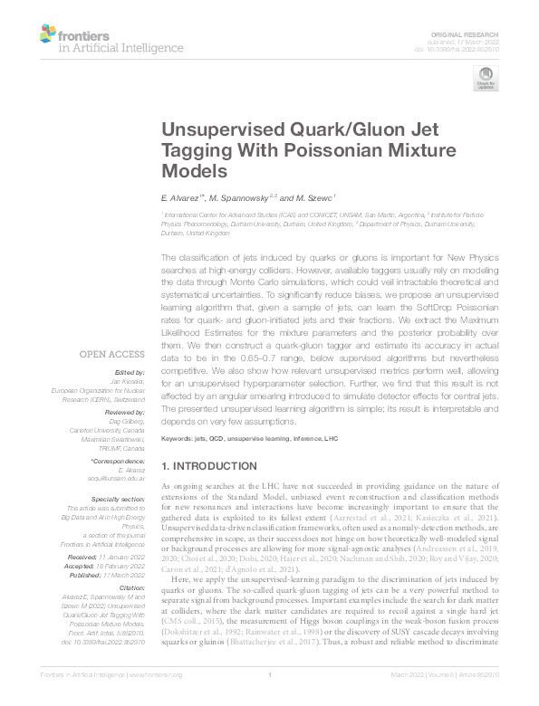 Unsupervised Quark/Gluon Jet Tagging With Poissonian Mixture Models Thumbnail