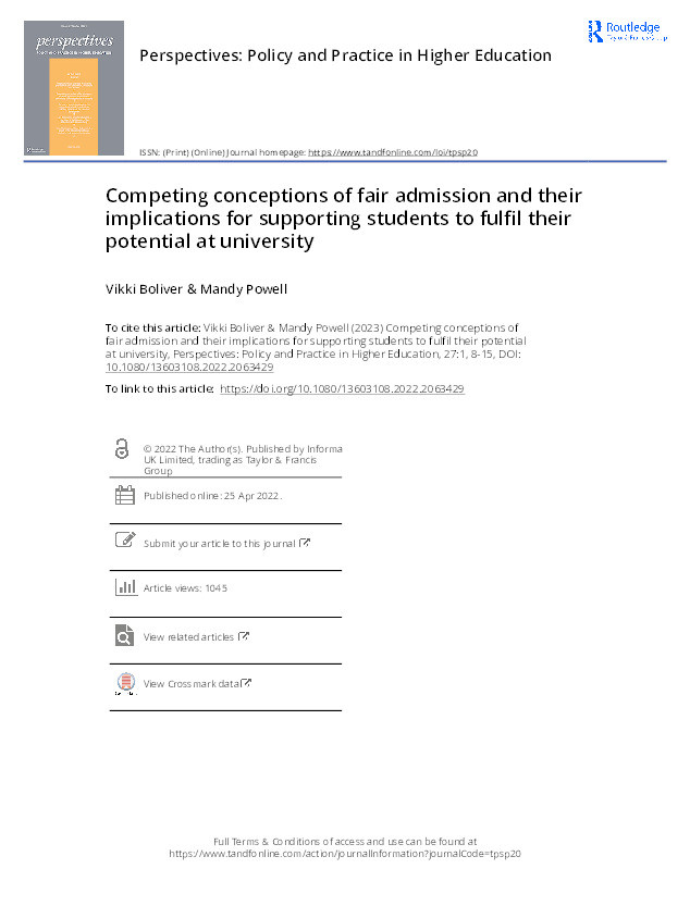 Competing conceptions of fair admission and their implications for supporting students to fulfil their potential at university Thumbnail