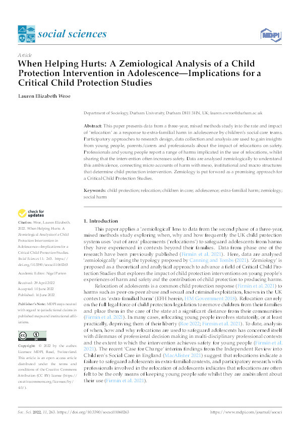 When Helping Hurts: A Zemiological Analysis of a Child Protection Intervention in Adolescence—Implications for a Critical Child Protection Studies Thumbnail