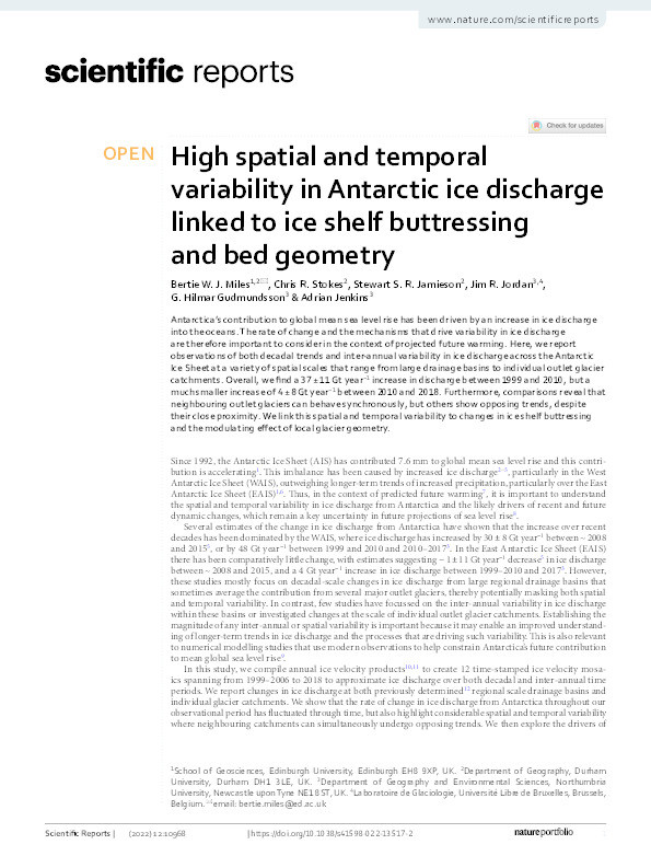 High spatial and temporal variability in Antarctic ice discharge linked to ice shelf buttressing and bed geometry Thumbnail