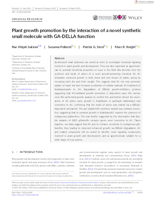 Plant growth promotion by the interaction of a novel synthetic small molecule with GA‐DELLA function Thumbnail