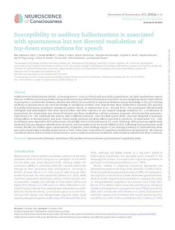 Susceptibility to auditory hallucinations is associated with spontaneous but not directed modulation of top-down expectations for speech Thumbnail