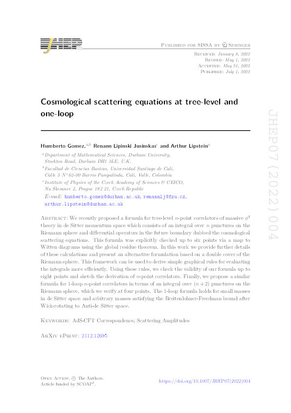 Cosmological scattering equations at tree-level and one-loop Thumbnail