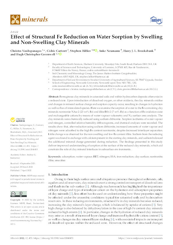 Effect of Structural Fe Reduction on Water Sorption by Swelling and Non-Swelling Clay Minerals Thumbnail