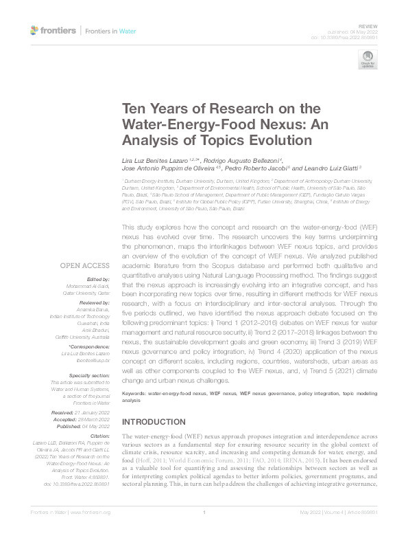 Ten Years of Research on the Water-Energy-Food Nexus: An Analysis of Topics Evolution Thumbnail