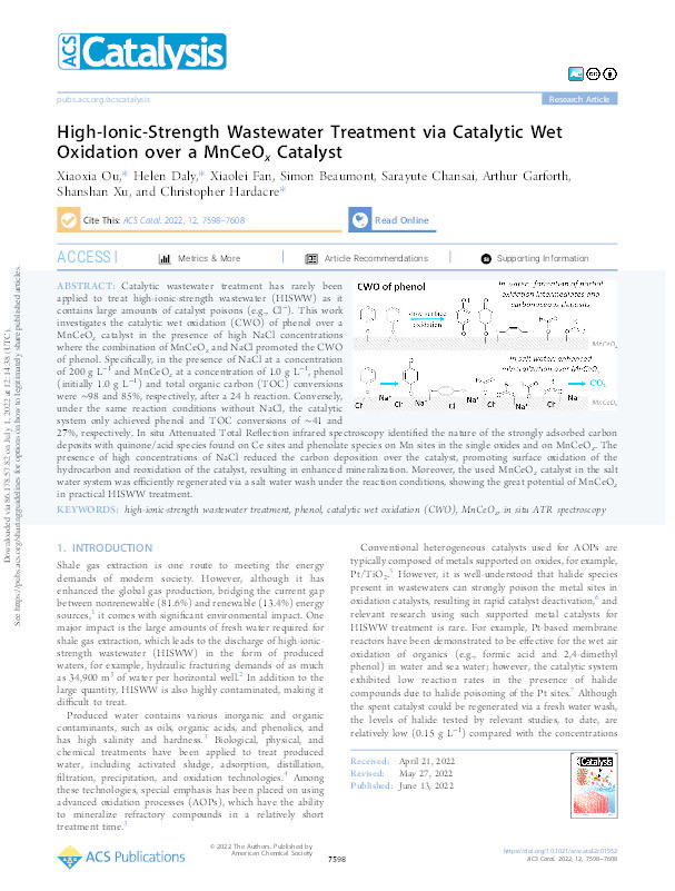 High-Ionic-Strength Wastewater Treatment via Catalytic Wet Oxidation over a MnCeOx Catalyst Thumbnail