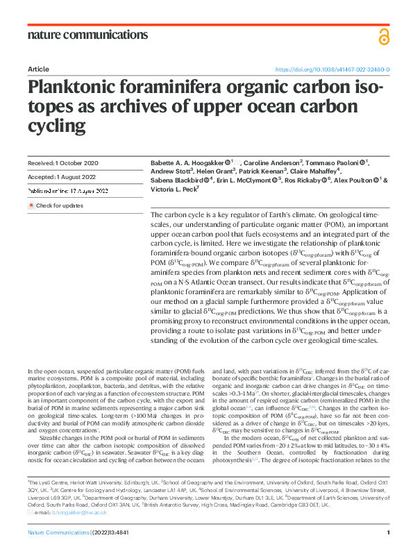 Planktonic foraminifera organic carbon isotopes as archives of upper ocean carbon cycling Thumbnail