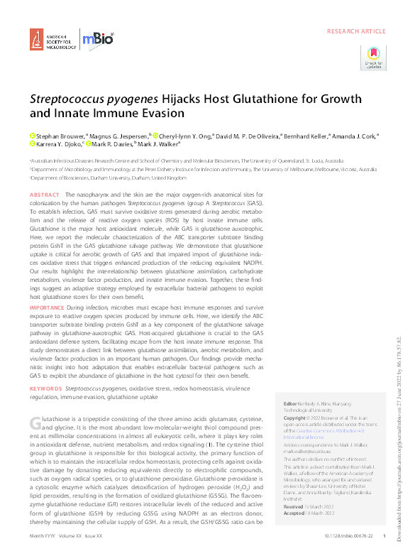 Streptococcus pyogenes Hijacks Host Glutathione for Growth and Innate Immune Evasion Thumbnail
